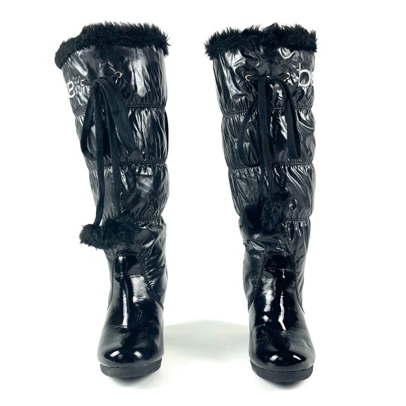 Bebe Rafa Tall Black Fur Trim Logo Puffer Wedge Boot - Picture 4 of 9